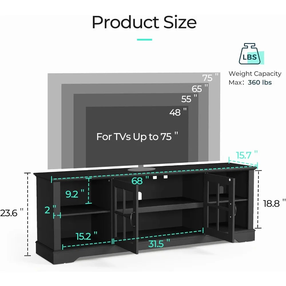 RBXC Modern Farmhouse TV Stand With LED Lights Glass Doors