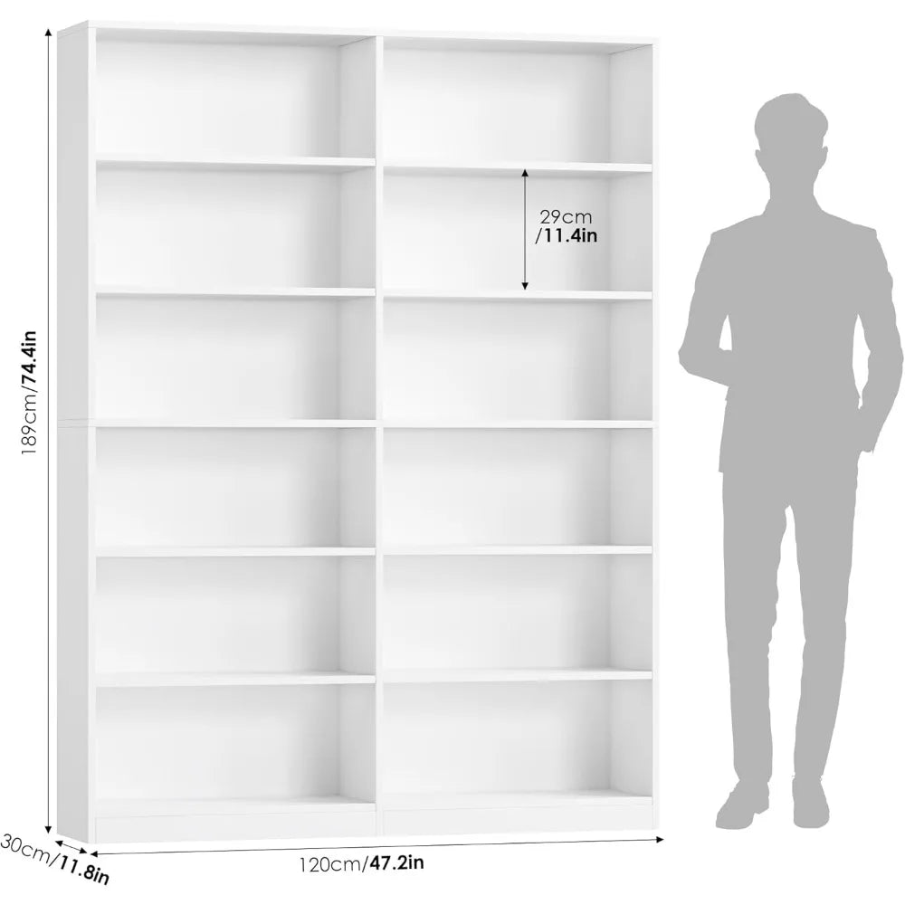 Six Tier Freestanding Wide Double Bookshelf Storage Shelves