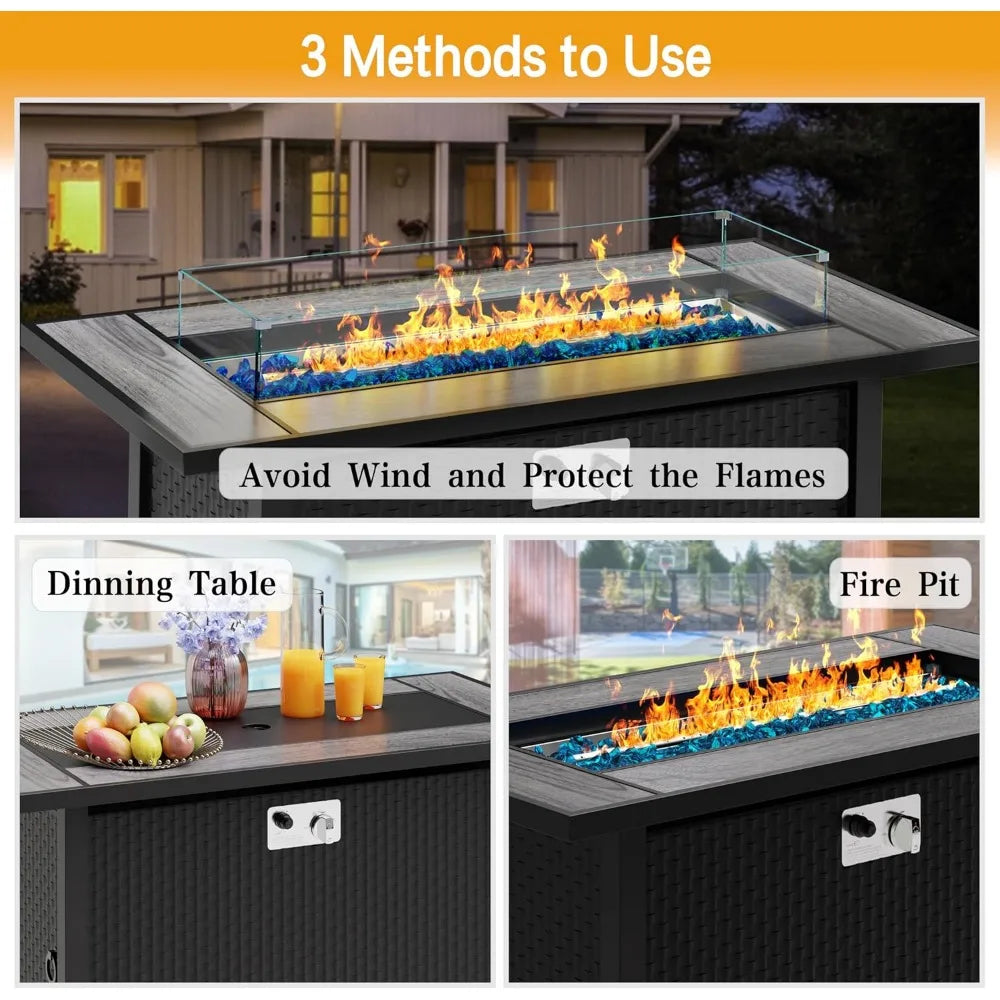 45in Fire Table, Propane Fire Pit with Glass Wind Guard and Rain Cover, Outdoor Firepit Table 50000 BTU 3-in-1 Fire Table for P