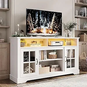 RBXC Modern Farmhouse TV Stand With LED Lights Glass Doors