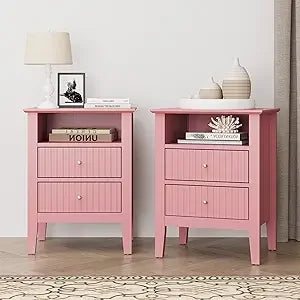 Beige Fluted Nightstand Set of 2, Colorful Nightstand with 2 Drawers, Modern Wooden End Table with Storage for Small Spaces, Si