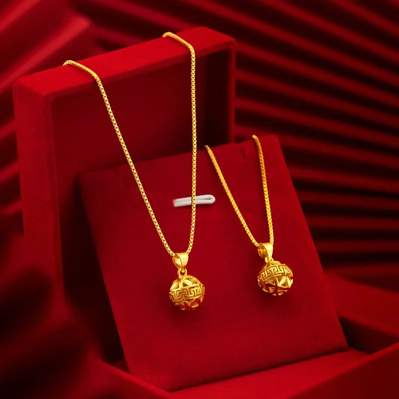 Pure Gold Color Pattern Small Embroidered Ball Pendant Necklaces for Women Gold Color Trendy Necklaces Chain Fine Jewelry Gifts