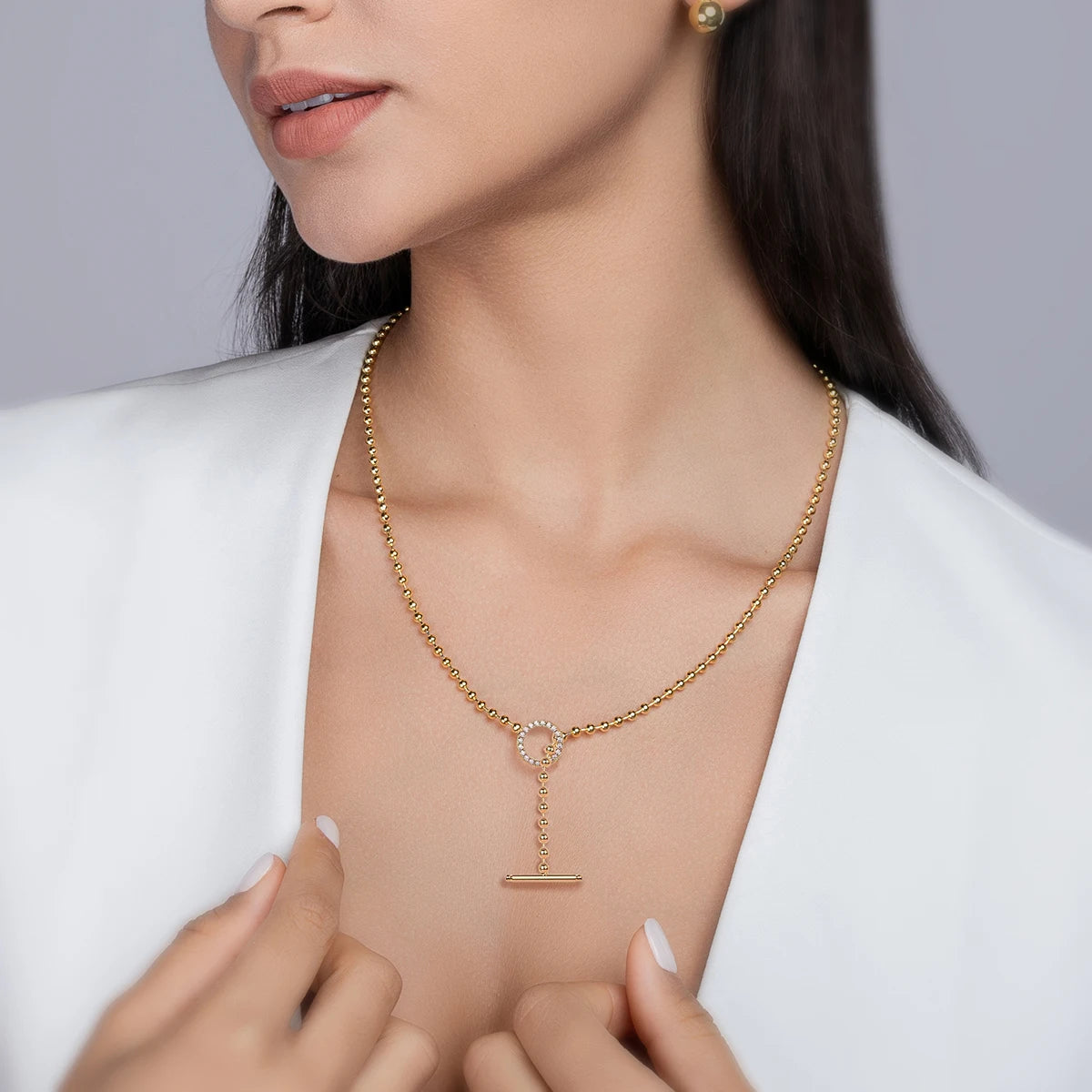 Jiuzuan Y Shape Beaded Chain Pendant Necklace 18K Gold