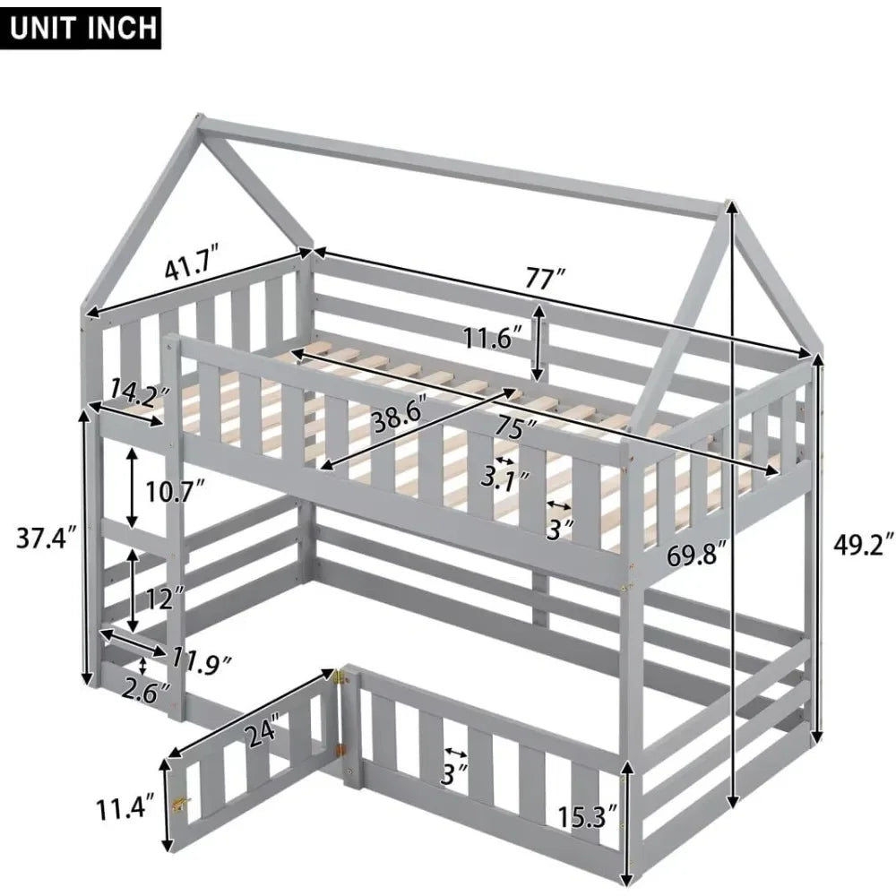 Modern Floor Low Bunk Bed with Fence and Door, Solid Wood Bunks Beds with Guardrails and Ladder, Twin Over Twin House Bunk Bed