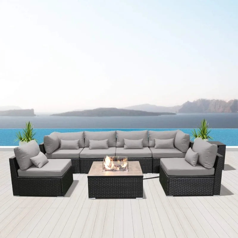 OEING Outdoor Patio Sectional Sofa With Gas Fire Pit Table