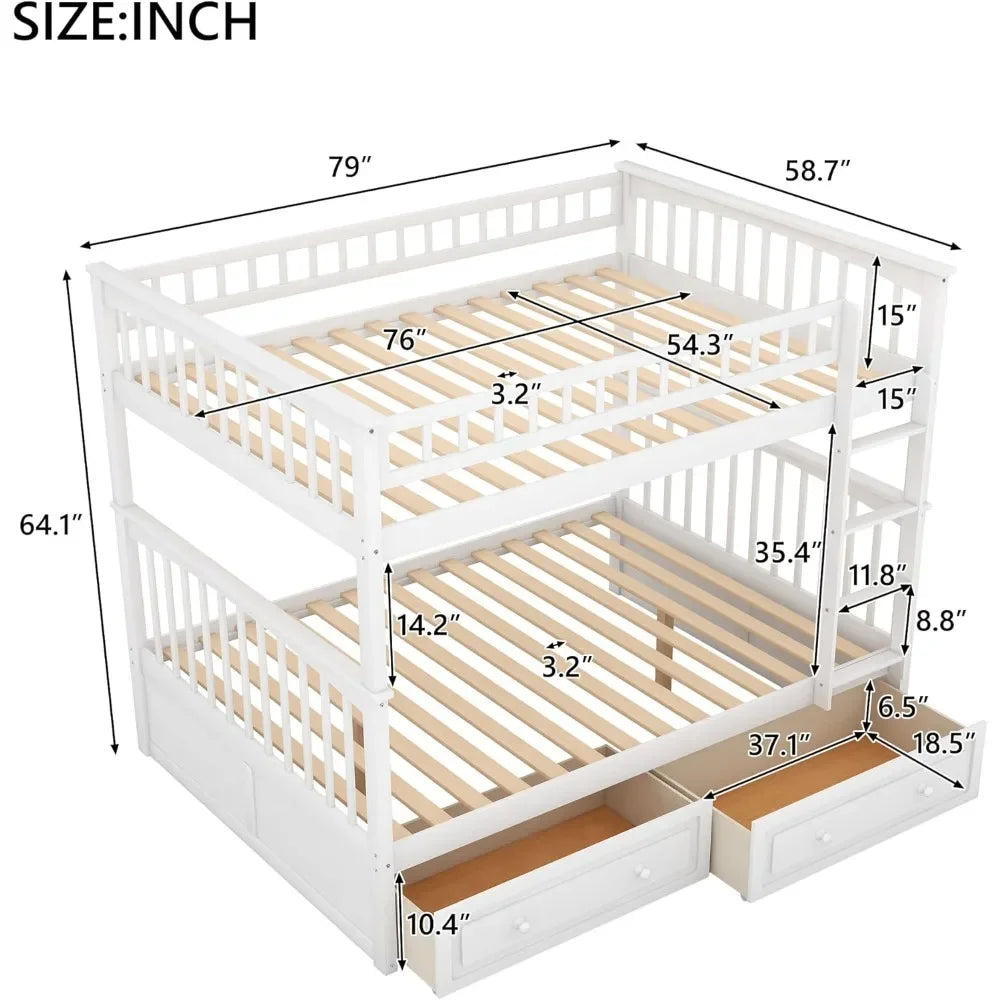 Full Over Full Wood Bunk Bed with Two Storage Drawers and Ladder, Storage Bunk Bed Can Be Divided Into Two Full Size Daybeds