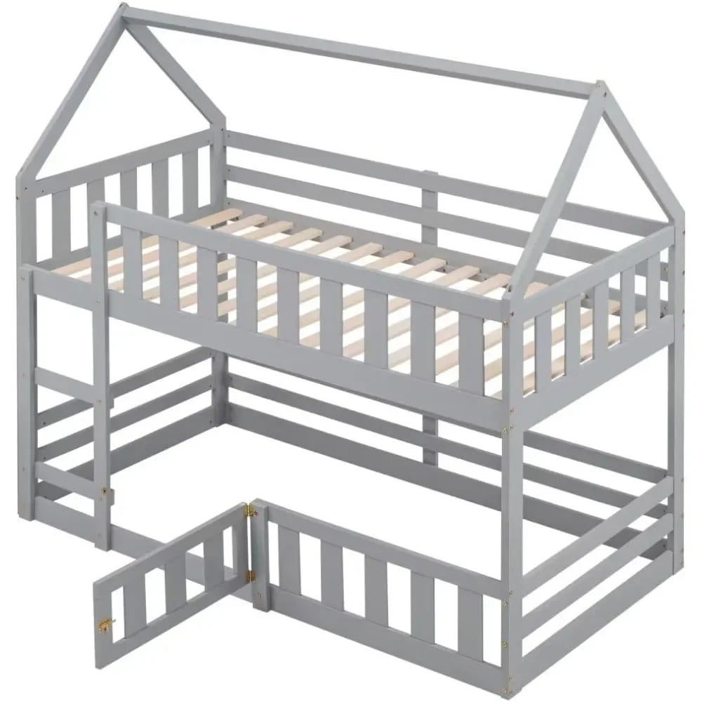Modern Floor Low Bunk Bed with Fence and Door, Solid Wood Bunks Beds with Guardrails and Ladder, Twin Over Twin House Bunk Bed
