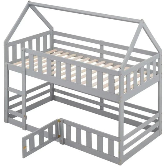 Modern Floor Low Bunk Bed with Fence and Door, Solid Wood Bunks Beds with Guardrails and Ladder, Twin Over Twin House Bunk Bed