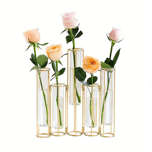 Test Tube Vase with Five Test Tubes Gold Centerpiece Vase with Metal Stand Glass Vase for Wedding Home Decoration