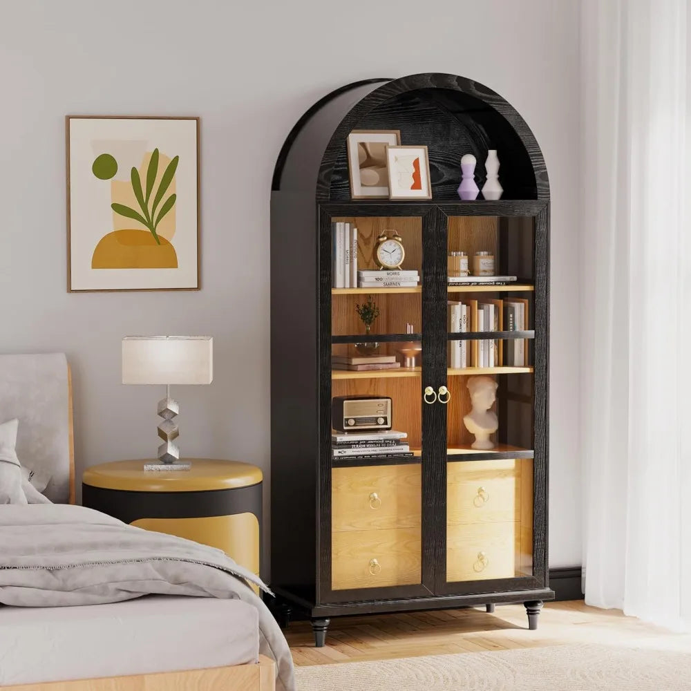 TIFICY Tall Arched Storage Cabinet With Drawers Glass Doors