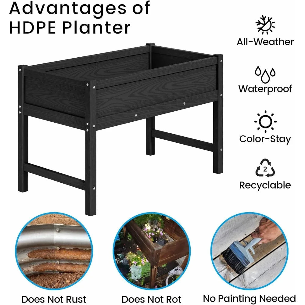 HDPE Raised Garden Bed with Legs, Outdoor All-Weather Elevated Planter Box Stand for Seeds, Herbs, Flowers, Vegetables (Black)