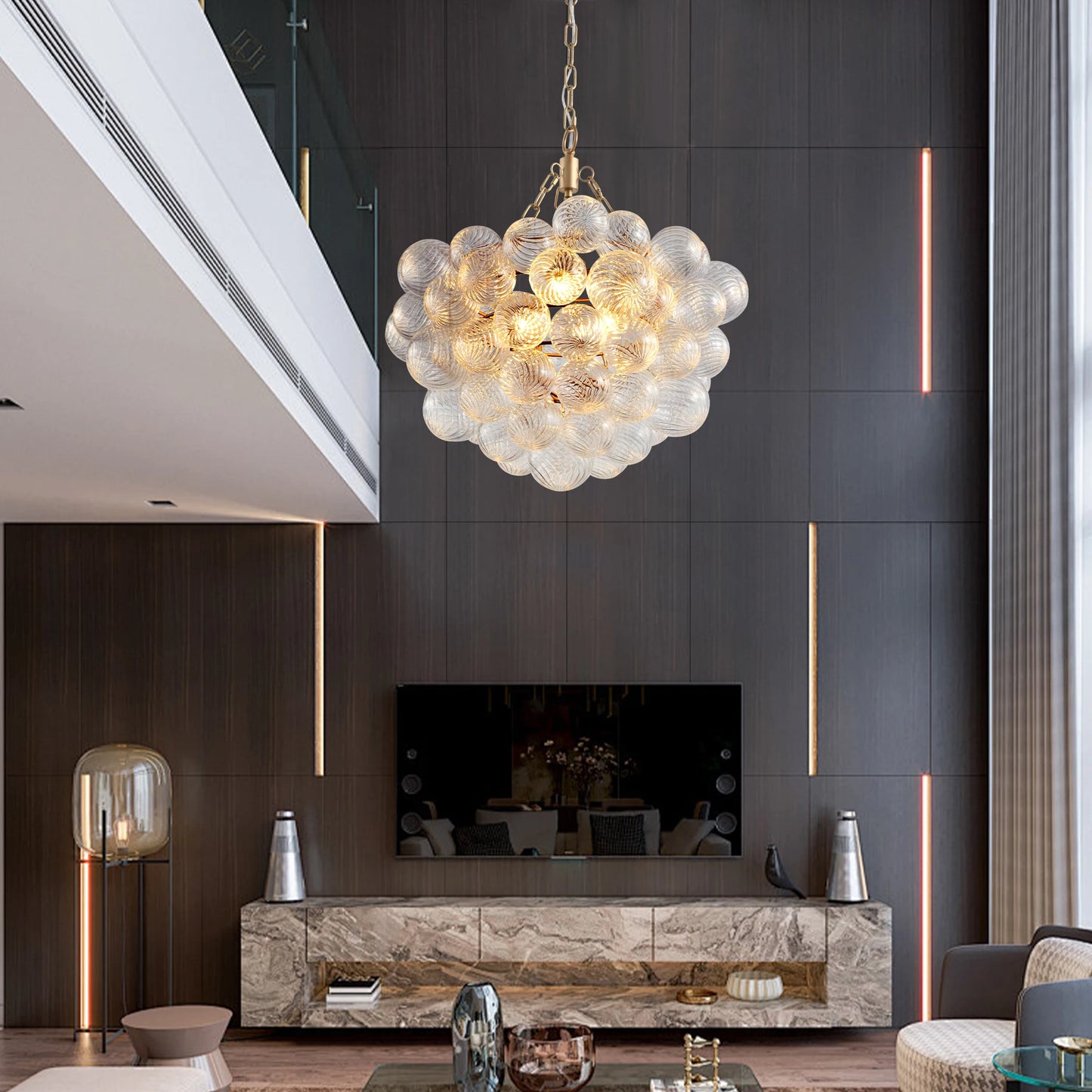 20-Inch Gold Pendant Light Chandelier with Threaded Clear Glass Globe Shade  Adjustable Height (No Bulbs)