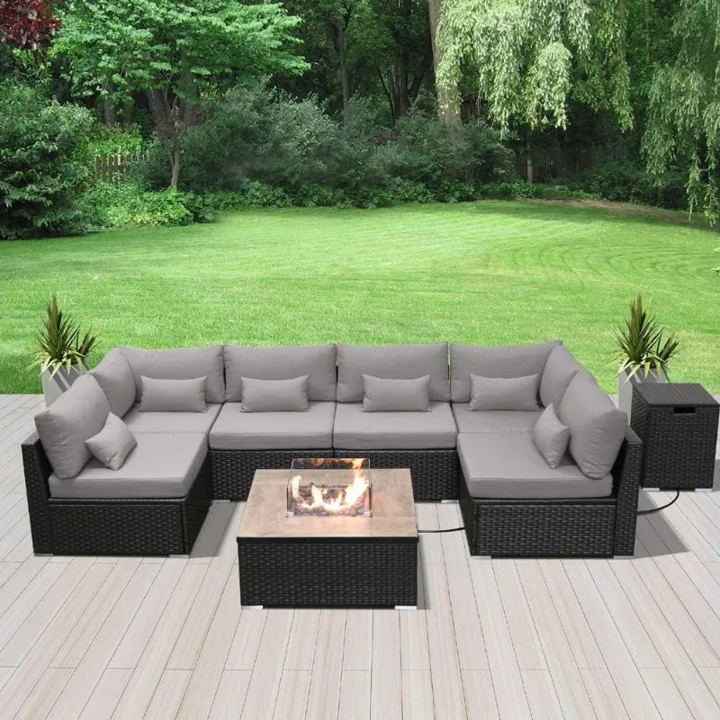OEING Outdoor Patio Sectional Sofa With Gas Fire Pit Table