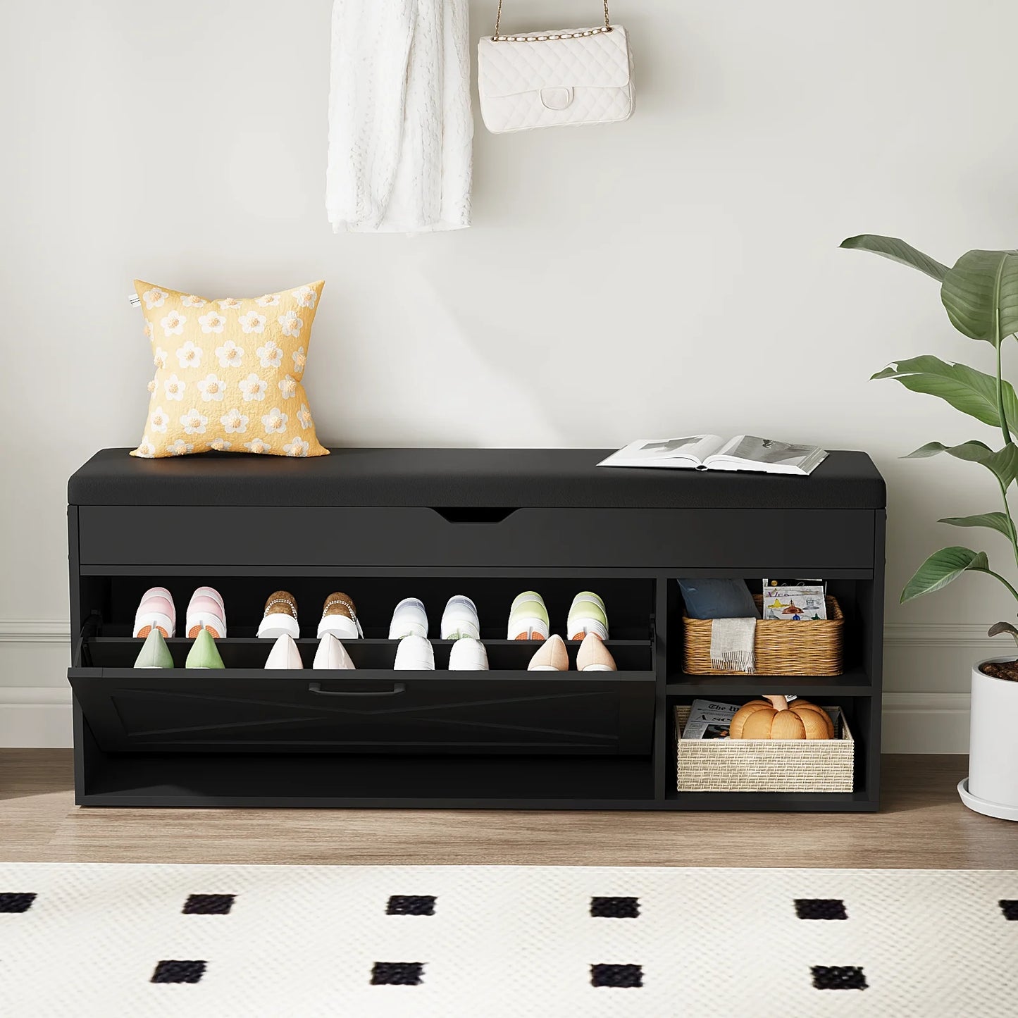 VOWNER Shoe Bench Cabinet With Flip Drawer And Compartments