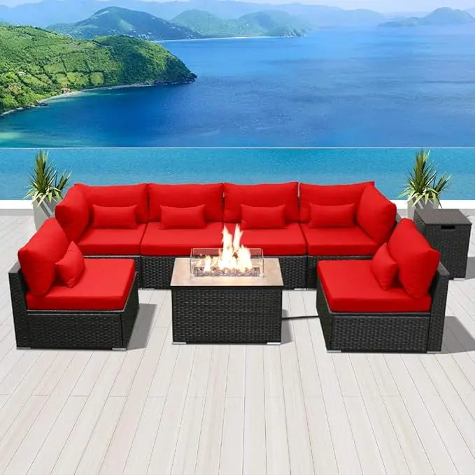OEING Outdoor Patio Sectional Sofa With Gas Fire Pit Table
