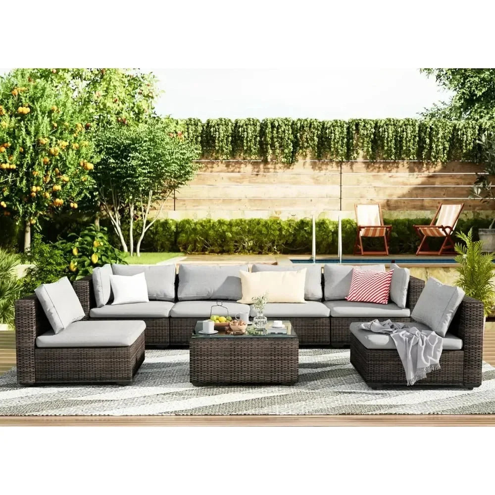 Patio Furniture 7 Pieces Set, Sectional PE Rattan Conversation Sets with Cushions& Glass Coffee Table, Patio Furniture Set