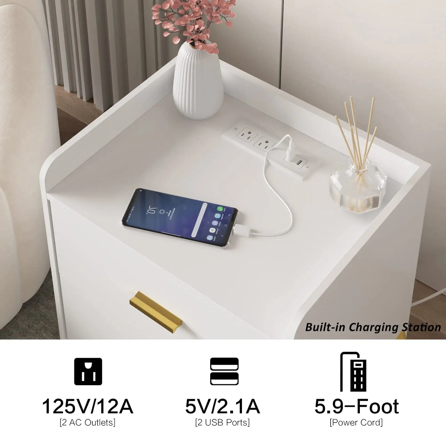 Vabches Nightstand Set Of 2 With Charging Station Wood Table