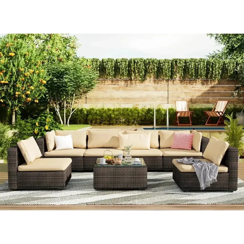 Patio Furniture 7 Pieces Set, Sectional PE Rattan Conversation Sets with Cushions& Glass Coffee Table, Patio Furniture Set