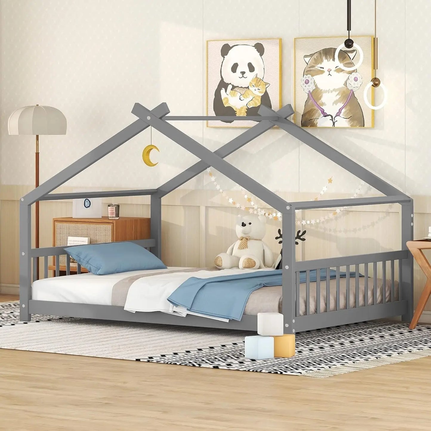 Modern Full House Beds, Montessori Bed Wood Frame, Kids Platform Bed with Headboard & Footboard for Children Boys Girls Teens