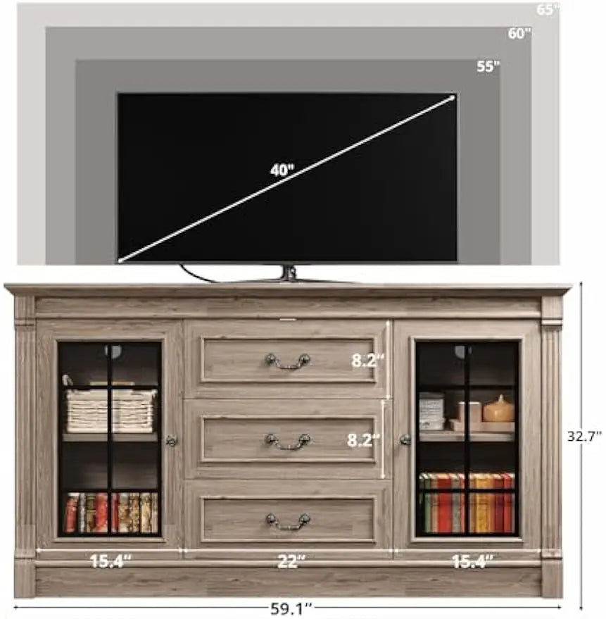General Use Farmhouse TV Stand With Outlets And Glass Doors