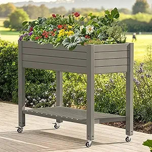 DWVO Raised Garden Bed, Outdoor Planter Box, Small Flower Box with Double-Layer, 4 Swivel Casters and Built-in Drain Holes, Idea