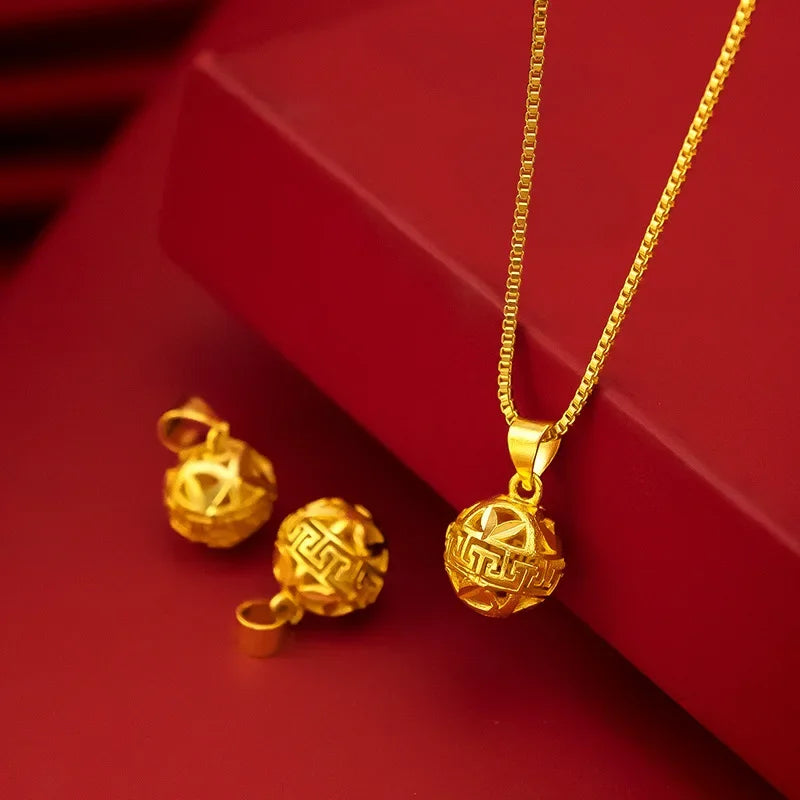 Pure Gold Color Pattern Small Embroidered Ball Pendant Necklaces for Women Gold Color Trendy Necklaces Chain Fine Jewelry Gifts