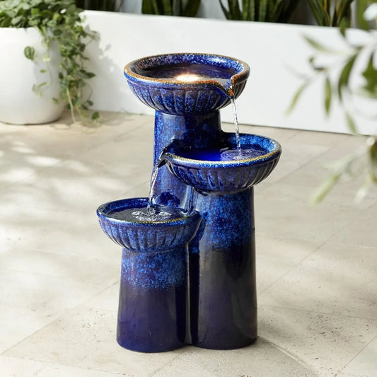 John Timberland Three Bowl Outdoor Floor Water Fountain LED