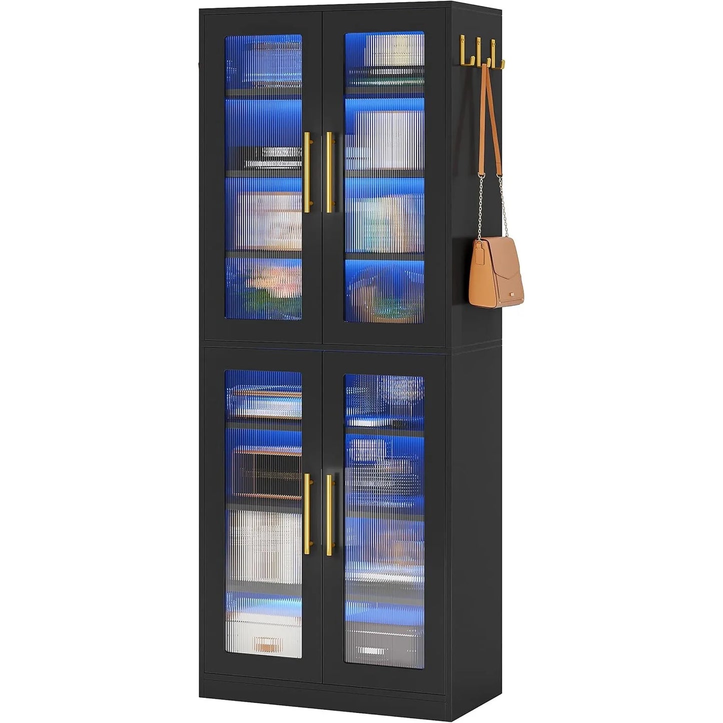 Bookcase With Doors And LED Light 67 Inch Tall Bookshelf With 8 Tier Shelves For Living Room Bathroom Office Kitchen