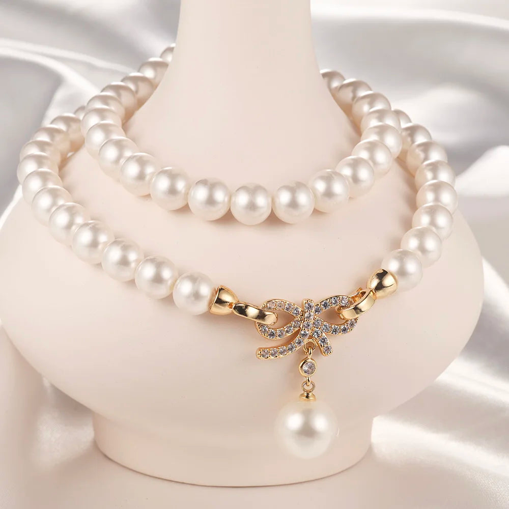 18K Gold Plated Women's Pearl Necklace With Zircon Pendant Classic Party Jewelry for Ladies Chain Gift Stock in  USA Warehouse