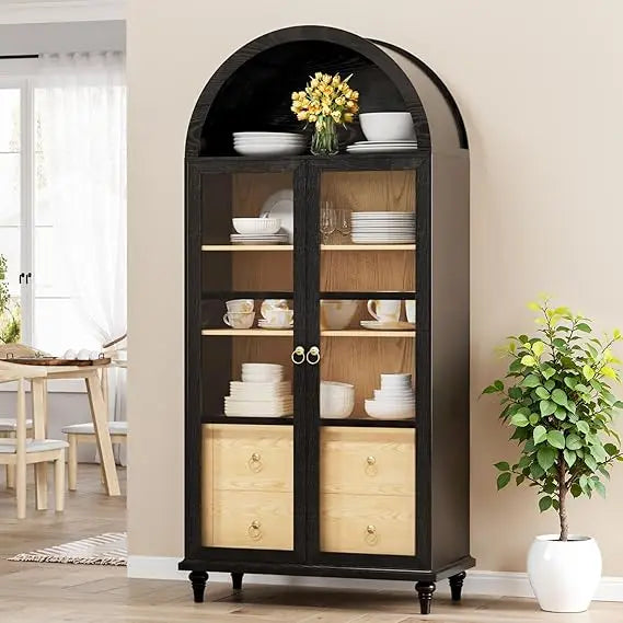 TIFICY Tall Arched Storage Cabinet With Drawers Glass Doors