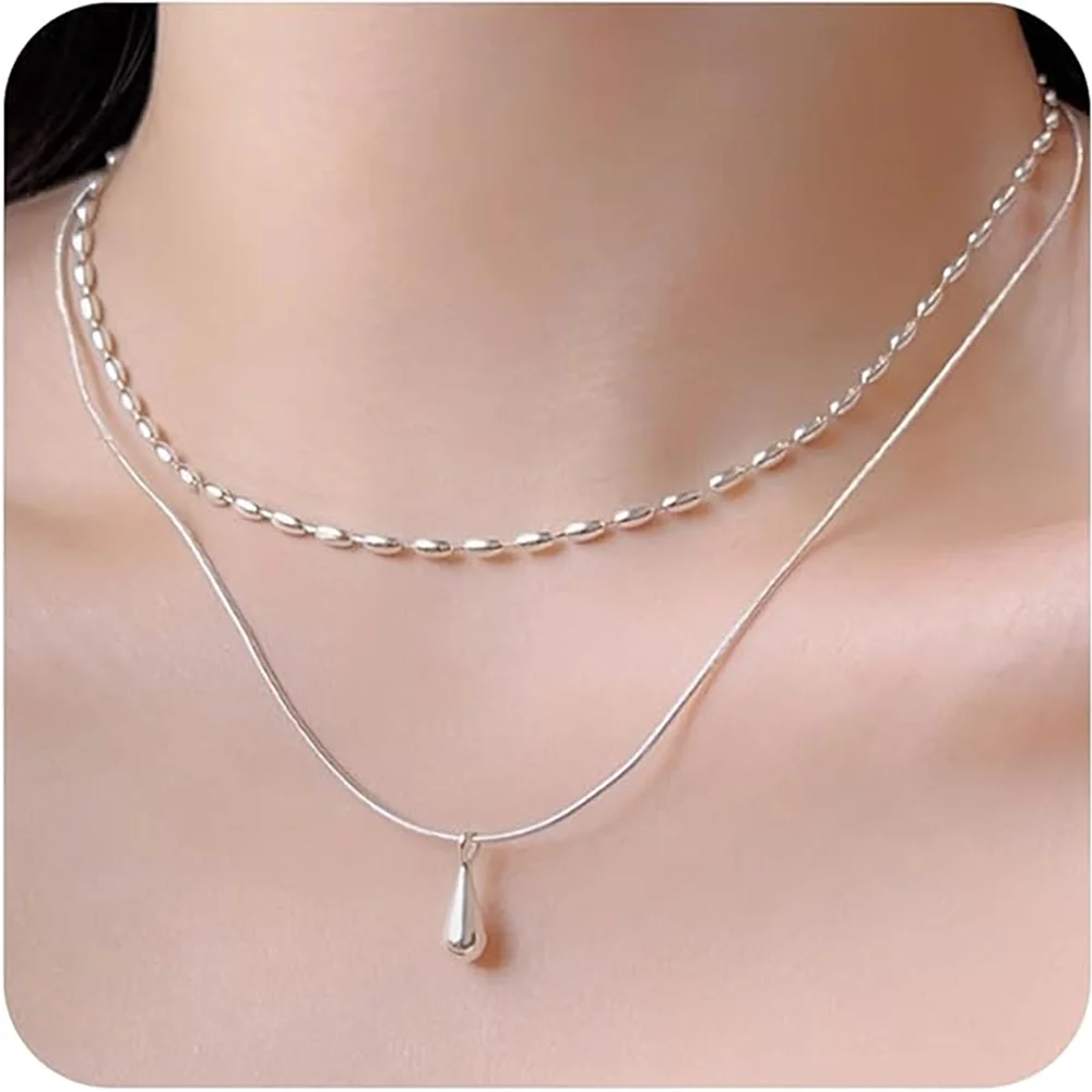 925 Sterling Silver Stacked Rice Grain Olive Beads Chain Necklace for Women Exquisite Simple Collarbone Chain Jewelry Gift USA