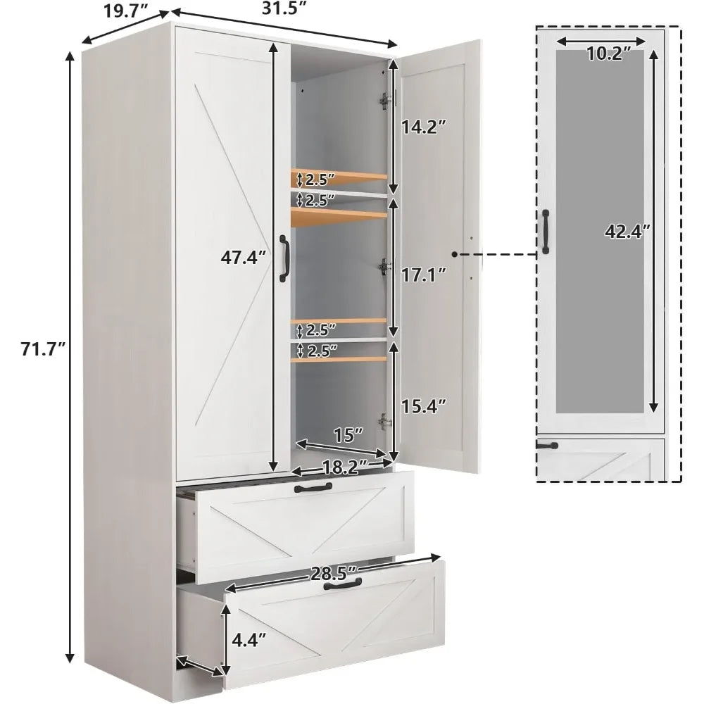 Armoire Wardrobe Cabinet With Mirror And 2 Drawers