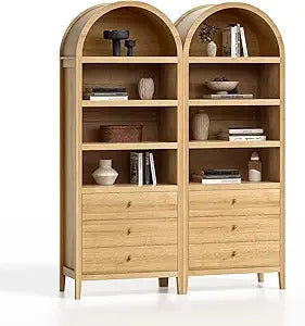 MKDK Tall Arched Bookshelf With Drawers Farmhouse Cabinet