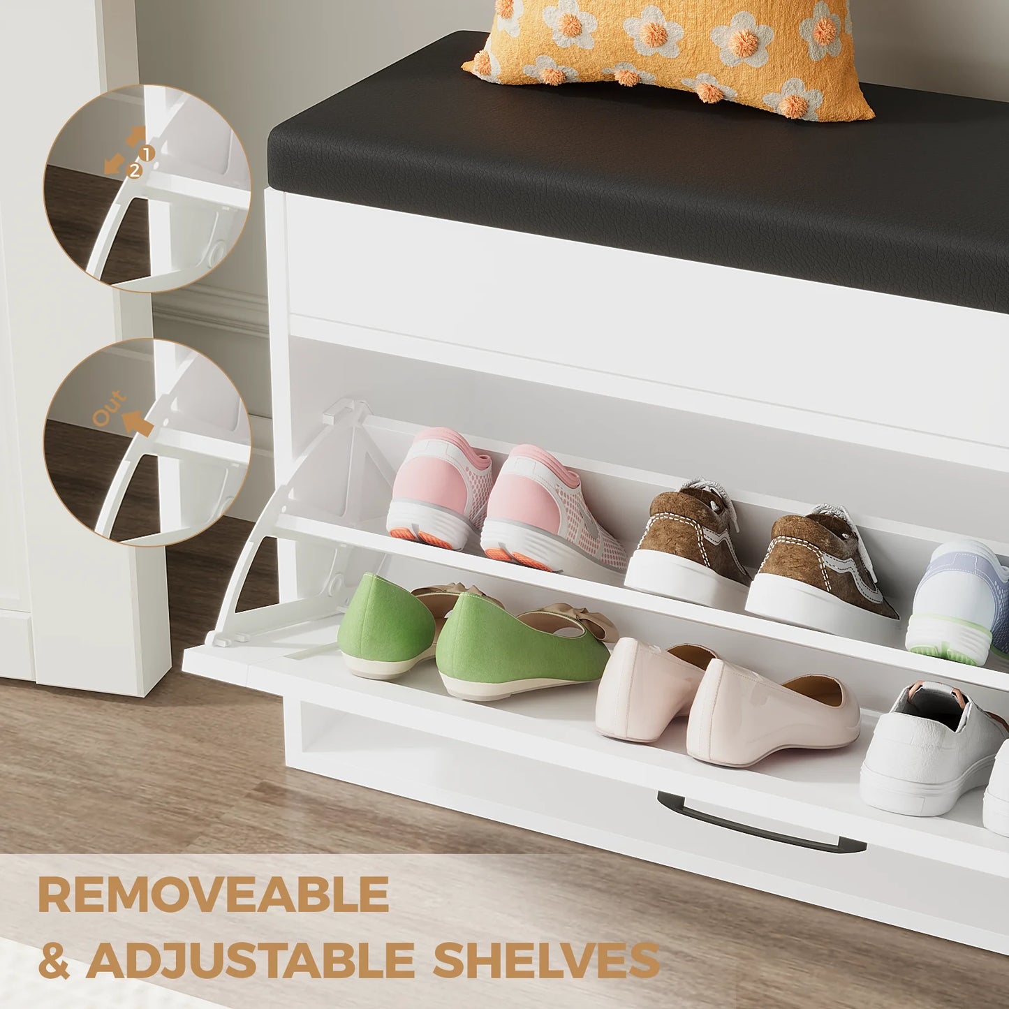 VOWNER Shoe Bench Cabinet With Flip Drawer And Compartments