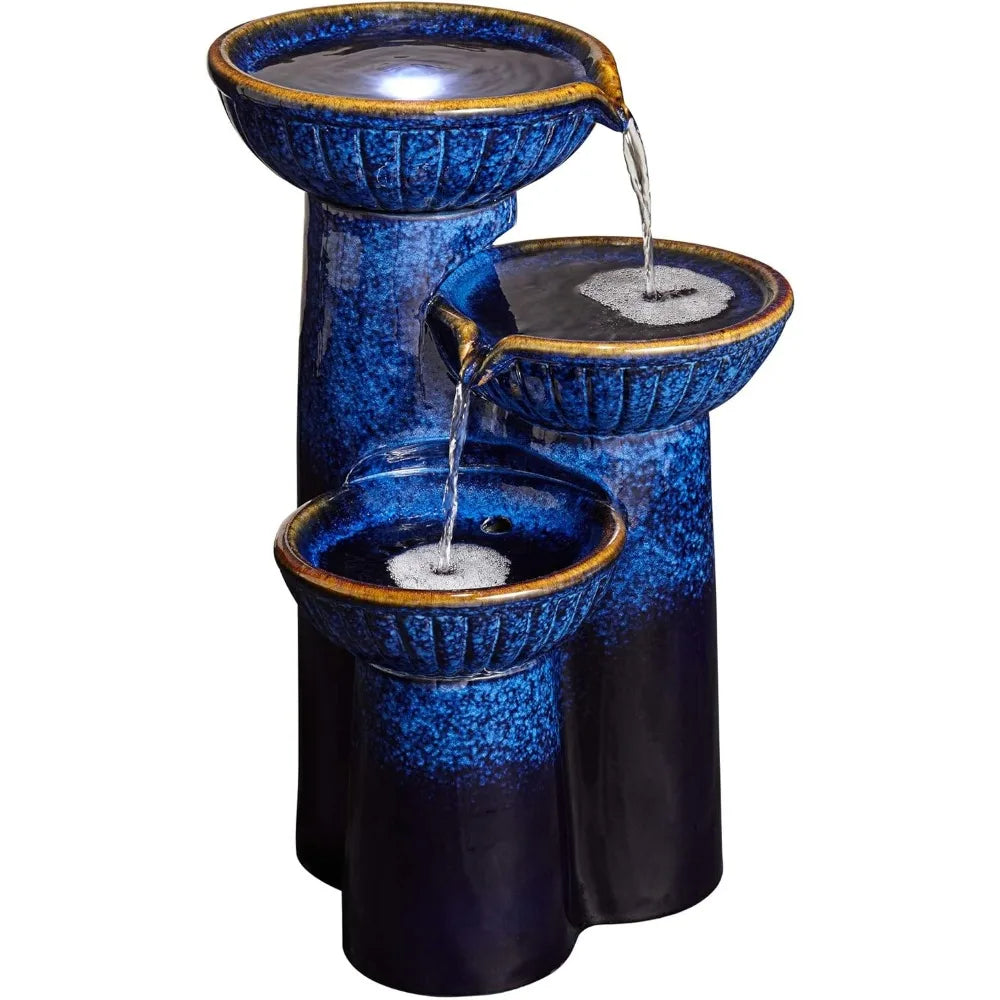 John Timberland Three Bowl Outdoor Floor Water Fountain LED