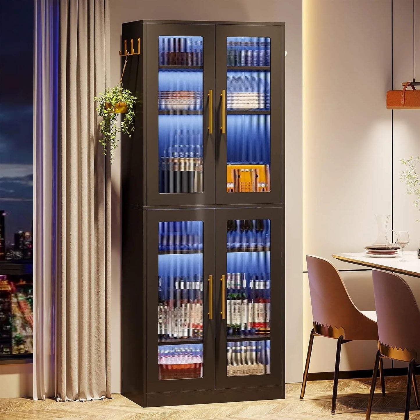 Bookcase With Doors And LED Light 67 Inch Tall Bookshelf With 8 Tier Shelves For Living Room Bathroom Office Kitchen