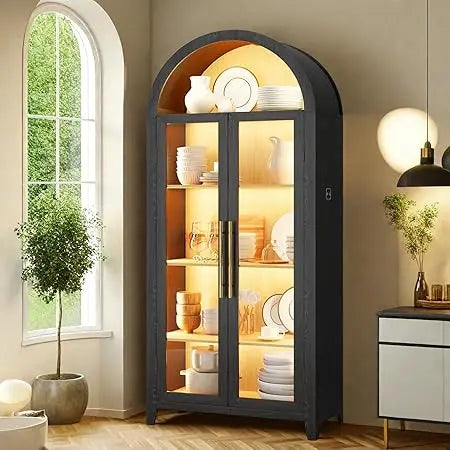 MKDK Arched Storage Cabinet 5 Tier Pantry With Glass Door