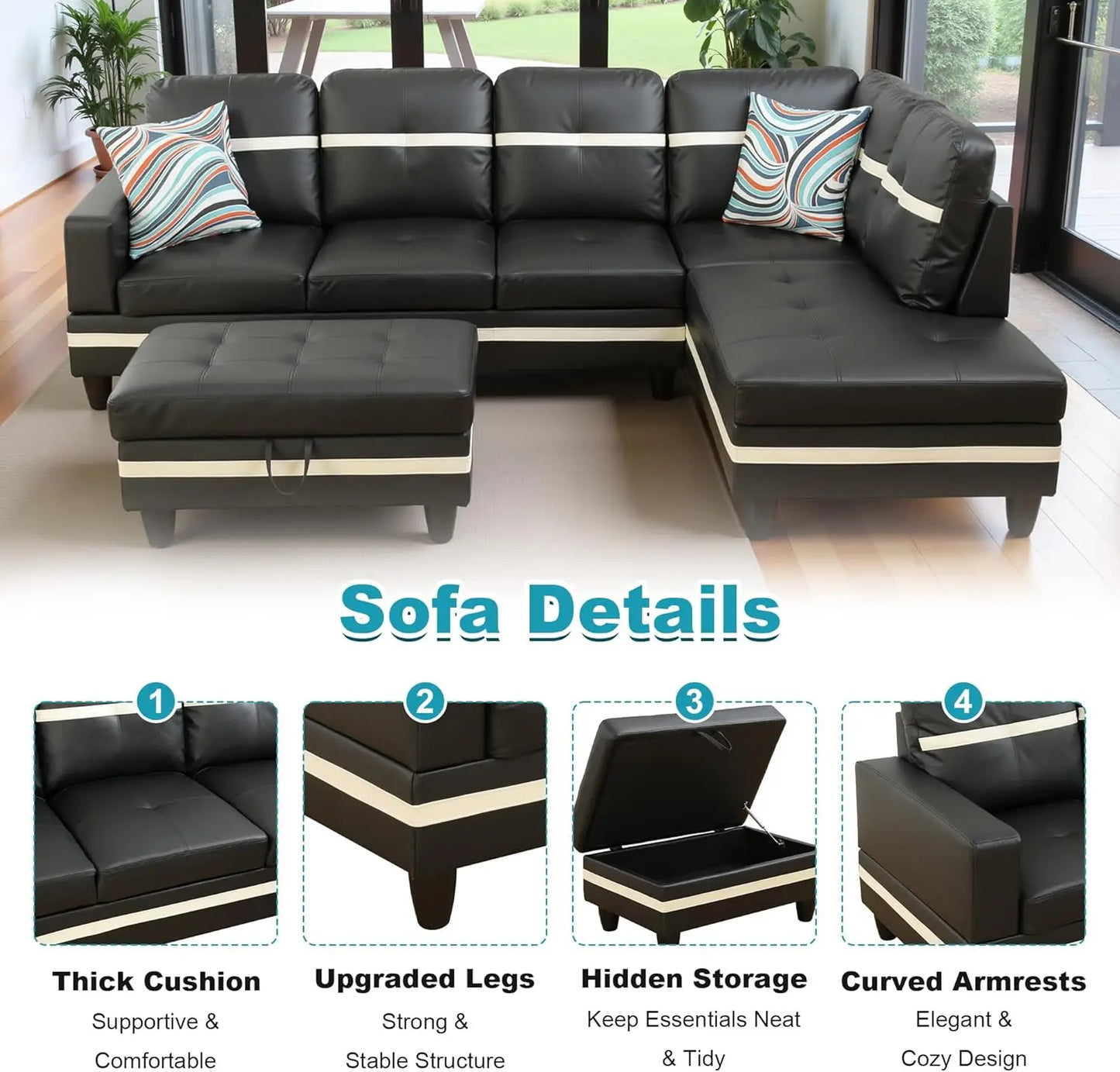 Sweet Blossoms Haven Modern L Shaped Sectional Sofa Ottoman