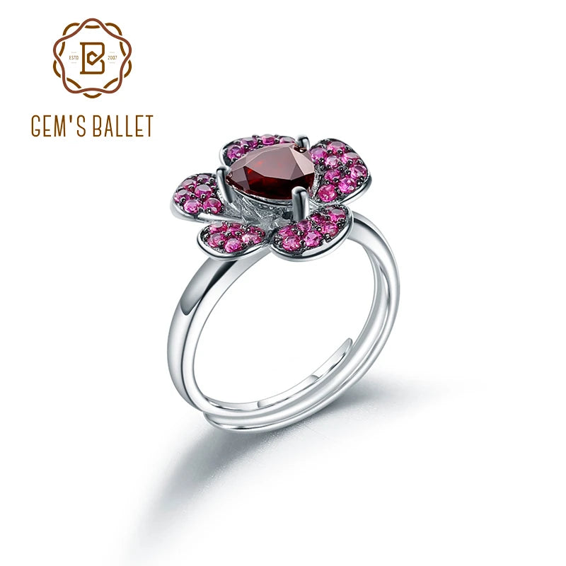 GEM'S BALLET Garnet Flower Ring Sterling Silver For Women