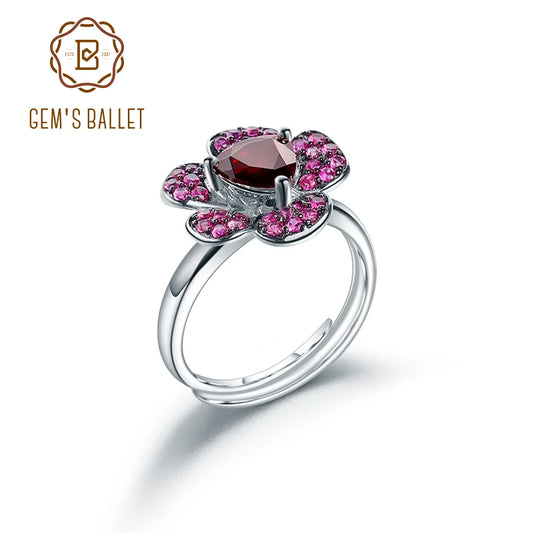 GEM'S BALLET Garnet Flower Ring Sterling Silver For Women