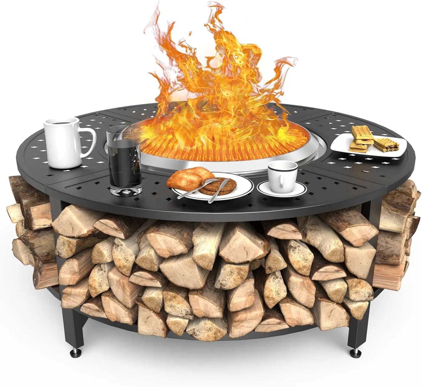 48" Fire Pit Surround Tabletop , Powder-Coated Steel Surround Table with Firewood Storage Shelf for Safety & Extra Space
