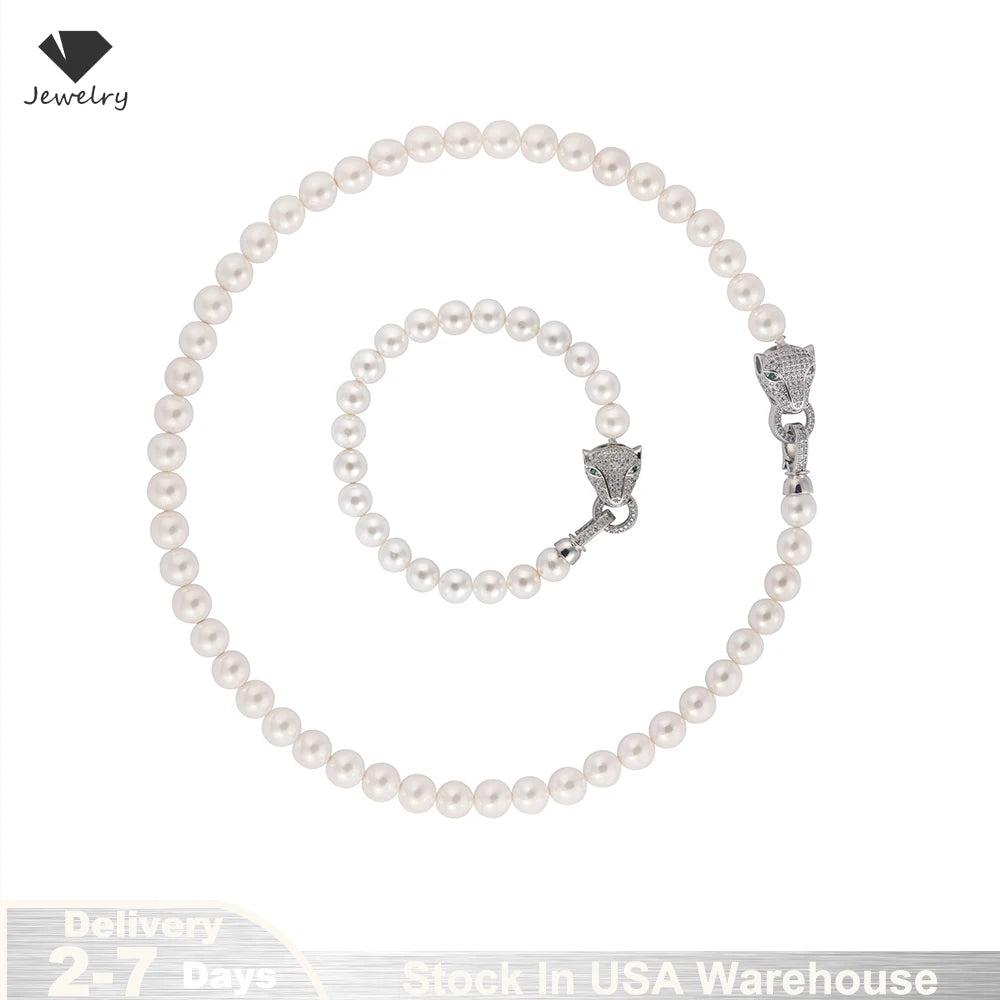 Zircon Pearl Necklace Bracelet Set 925 Sterling Silver Women