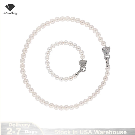 Zircon Pearl Necklace Bracelet Set 925 Sterling Silver Women