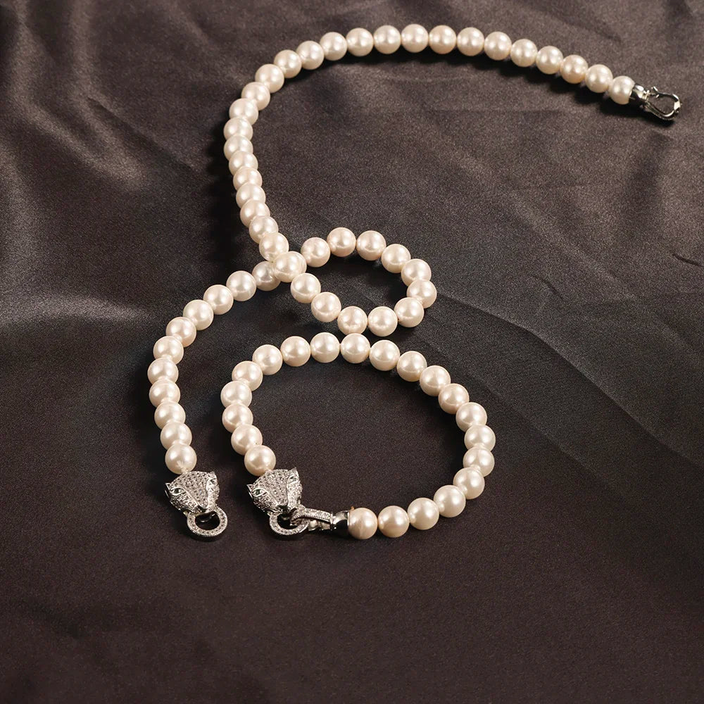 Zircon Pearl Necklace Bracelet Set 925 Sterling Silver Women