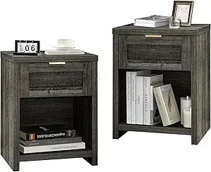 Night Stand Set 2, Boho End Table with Drawer and Storage Shelf Accent Table, Minimalist Sofa Bed Side Accent Table with Drawer