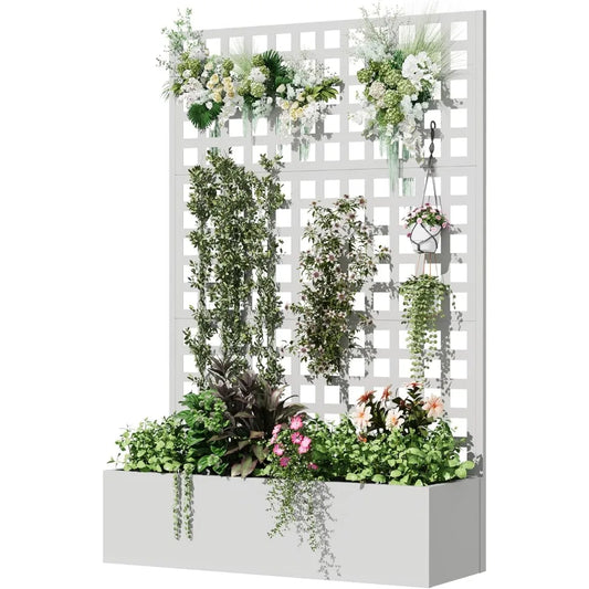 Metal Planter Box with Trellis 71 Inch by 47 Inch by 16 Inch Raised Garden Bed with Privacy Screen and Drainage Hole