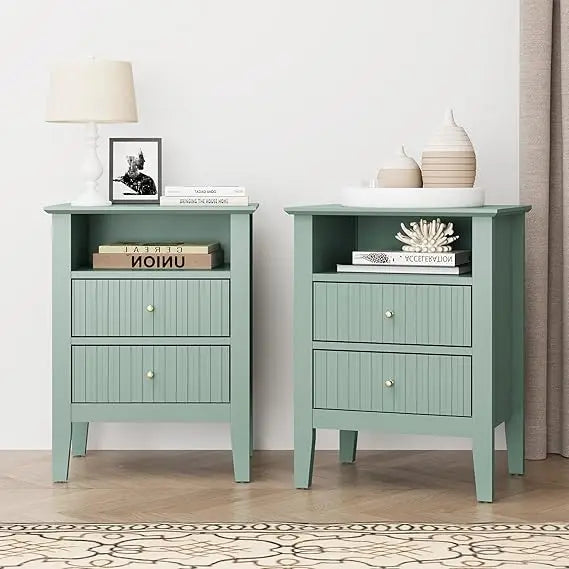 Beige Fluted Nightstand Set of 2, Colorful Nightstand with 2 Drawers, Modern Wooden End Table with Storage for Small Spaces, Si