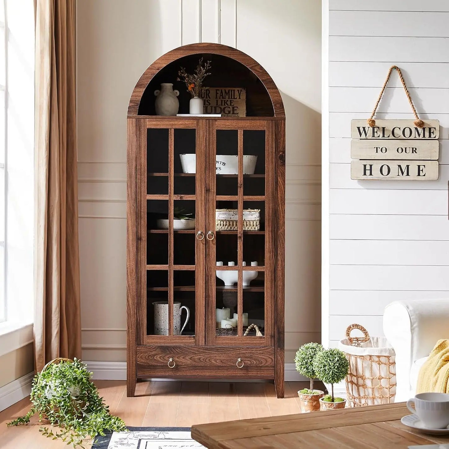 Huanzhuang Farmhouse Arched Cabinet With Glass Doors