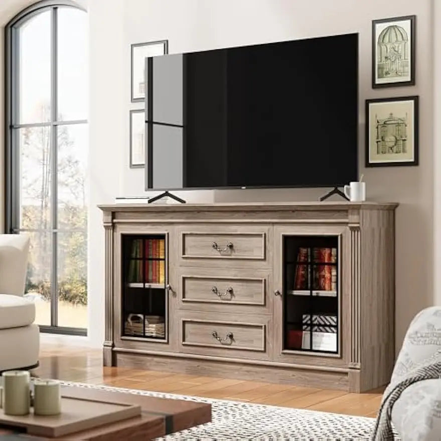 General Use Farmhouse TV Stand With Outlets And Glass Doors