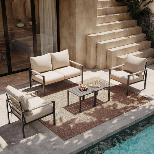Metal Patio Furniture Set, 5-Piece Modern Patio Set with Sofa and Coffee Tables, Outdoor Furniture Set for Garden, Backyard, Bal